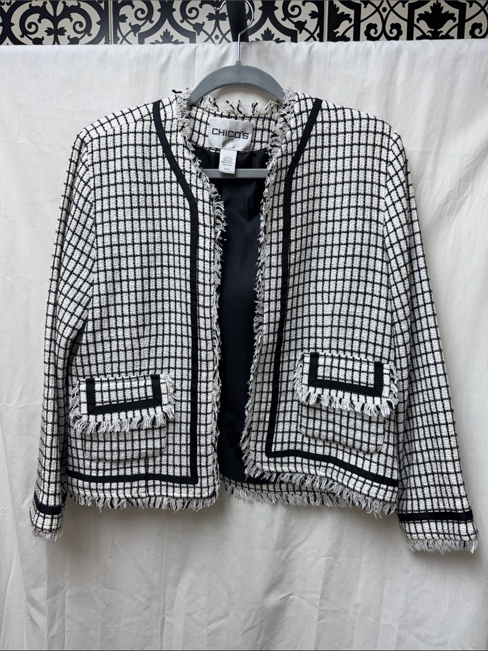 Chico's Black and White Fringe Tweed Short Blazer